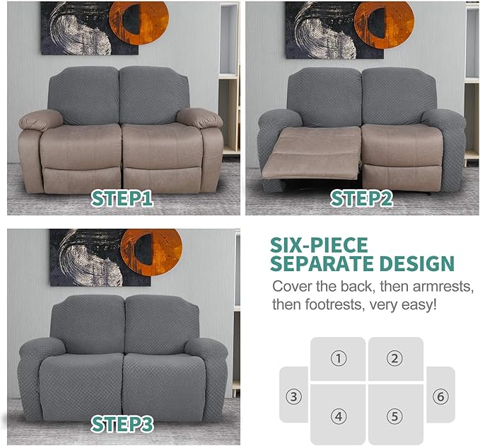 YEMYHOM 6 Pieces Stretch Loveseat Recliner Slipcover Jacquard Recliner Sofa Cover with Side Pocket Fitted Recliner Cover Couch Furniture Protector with Elastic Bottom (Loveseat Recliner, Light Gray)