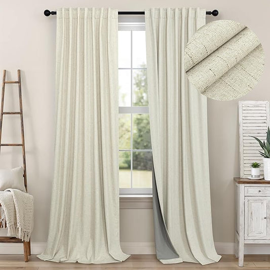 Cream Beige Blackout Curtains 90 Inches Long Thick Linen Patio Curtains for Sliding Glass Doors Cute Black Out Curtain for Nursery Bedroom Aesthetic Back Tab Pocket Pleated Drape 2 Panels 52x90 Length