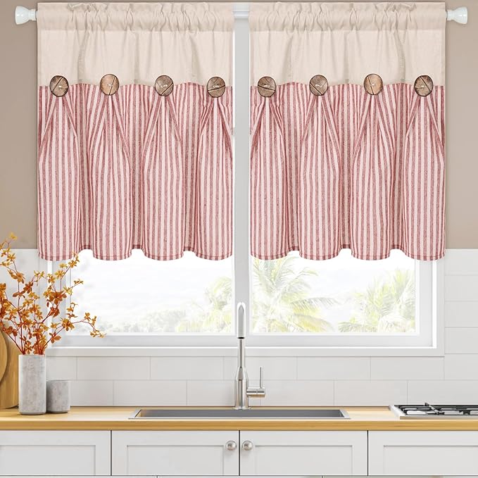 ASPMIZ Linen Kitchen Curtains 24 Inch Length, Farmhouse Boho Button Kitchen Window Curtain Over Sink, Orange Stripe Short Curtains for Small Windows, Bathroom, Rod Pocket Window Treatment Tiers