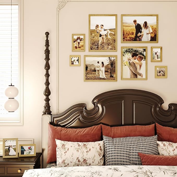 Egofine Picture Frame Set - 10 Assorted Sizes, Collage Wall Decor with 12x16, 11x14, 5x7, 4x6, 4x4 Frames for Wall & Tabletop, Solid Wood, Plexiglass Cover, Carbonized Brown