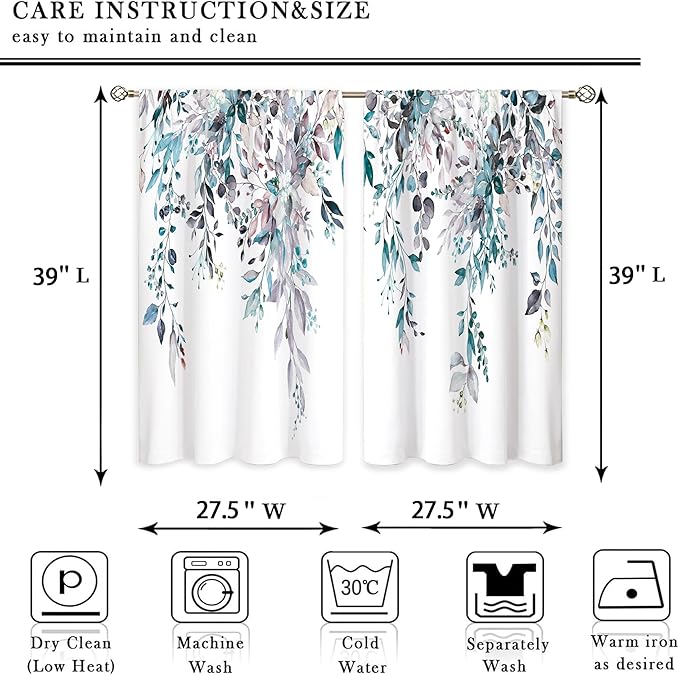 Blue Grey Eucalyptus Botanical Leaves Floral Kitchen Window Curtains Over Sink Farmhouse Flower Leaf Small Window Treatment Cafe Short Curtains for Bathroom Treatment Tier Drapes 27.5x39 inch