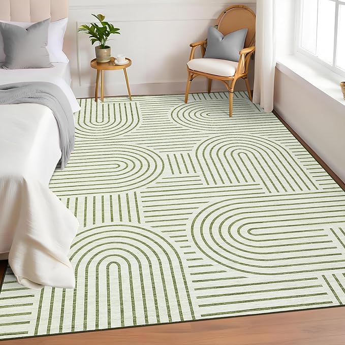 ROYHOME Washable Rug 4x6 Area Rugs for Living Room, Abstract Rug for Bedroom, Soft Rainbow Non Slip Throw Rugs with Rubber Back, Low Pile Stain Resistant Boho Geometric Carpet for Dining Room, Green