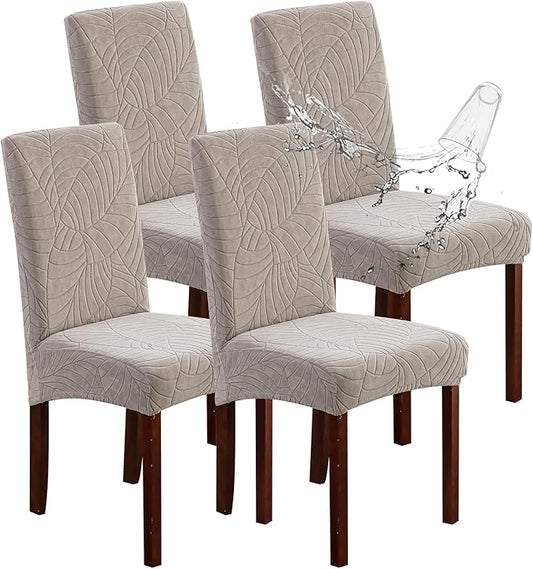 Genina 100% Waterproof Chair Covers for Dining Room Set of 4, Stretch Parson Chair Slipcovers for Kitchen Chairs, Washable Chair Protectors, Leaves-Warm Gray