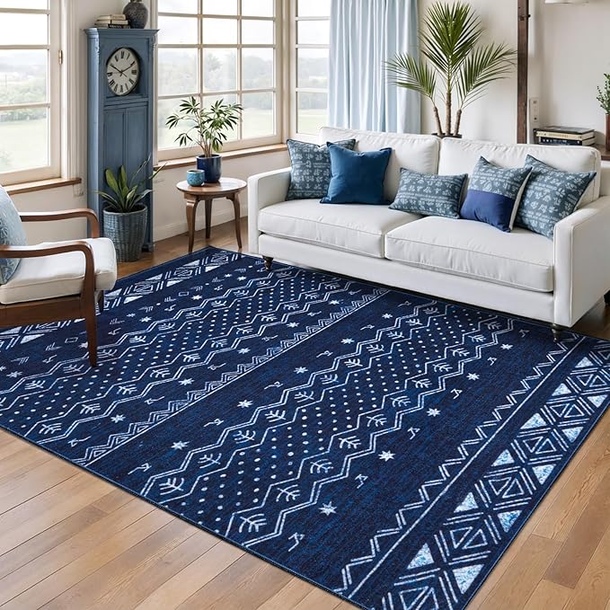 SERISSA 4x6 Area Rugs for Living Room, Washable Non-Slip Blue and White Boho Rug, Soft Low-Pile Geometric Indoor Carpet for Dining Room Bedroom Home Office Nursery
