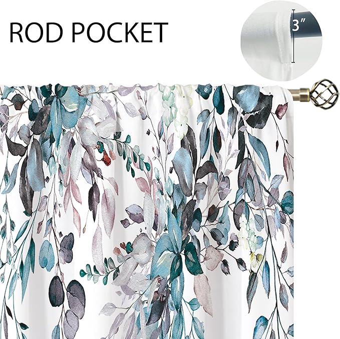 Blue Grey Eucalyptus Botanical Leaves Floral Kitchen Window Curtains Over Sink Farmhouse Flower Leaf Small Window Treatment Cafe Short Curtains for Bathroom Treatment Tier Drapes 42x45 inch