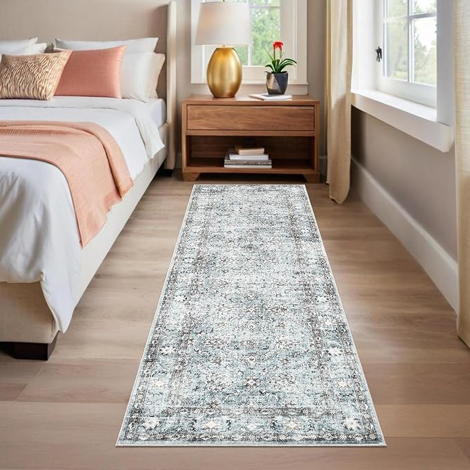 GarveeHome Hallway Washable Runner Rug 2x6 Vintage Soft Kitchen Rugs with Non Slip Backing, Low Pile Stain Resistant Distressed Oriental Floral Print Carpet for Bedroom, Bathroom, Grey and Blue