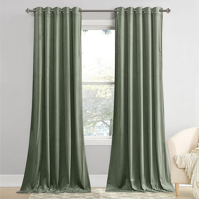 StangH Luxury Velvet Curtains 90 inches Long Heat & Cold Blocking for Bedroom, Sage Green Blackout Curtains Privacy Added Winter Holiday Decor for Sliding Door/Porch, W62 x L90, Set of 2