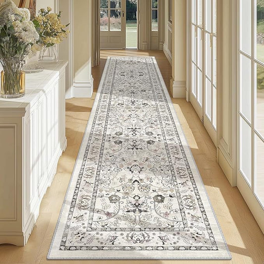 LOKHOM Washable Runner Rug, 2x10 Non-Slip Vintage Farmhouse Hallway Runner Rug with Rubber Backing, Boho Soft Faux Wool Kitchen Rug Carpet Runner for Kitchen Laundry Entryway Bedroom (Cream White)