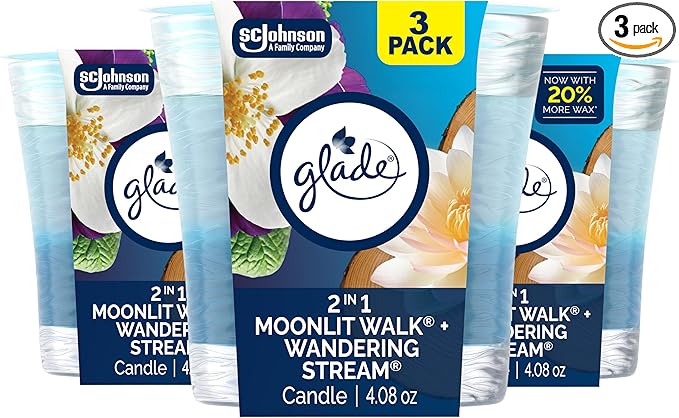 Glade 1-Wick 2in1 Scented Candle Jar, Moonlit Walk & Wandering Stream, Air Freshener Infused with Essential Oils, 4.08 Oz, 3 Count