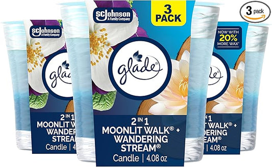 Glade 1-Wick 2in1 Scented Candle Jar, Moonlit Walk & Wandering Stream, Air Freshener Infused with Essential Oils, 4.08 Oz, 3 Count