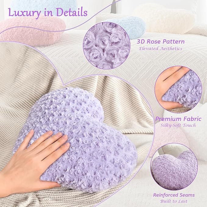 Heart Pillow Purple Throw Pillows, Soft Fluffy Decorative Pillows for Bed Couch Chair, Cute Heart Shaped Room Decor Gifts for Valentine Anniversary Birthday Mothers Christmas (Small, 13"x10")