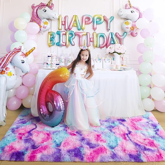 Noahas 5x8 Fluffy Rainbow Rug for Girls Bedroom,Soft Hot Pink and Purple Tie-Dyed Kids Room Rug,Shaggy Area Rugs for Living Room,Fuzzy Colorful Playroom Nursery Rugs Room Decor