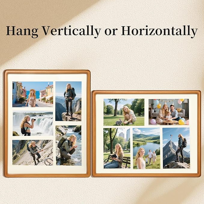 11x14 Collage Picture Frame Teak Wood, Multiple Five 4x6 Photos or 11x14 without Mat, Rustic Photo Frame with Tempered Glass Hanging Displaying Horizontally or Vertically