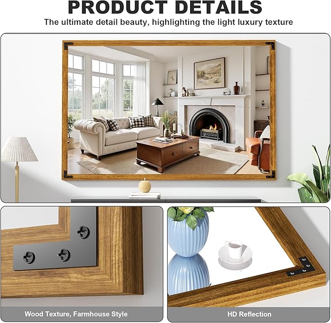 Hasipu Farmhouse Bathroom Mirror, 55"x36" Rustic Wood Framed Wall Mounted Mirror, Walnut Vintage Vanity Mirror Modern Farmhouse Style Decrative Mirrors