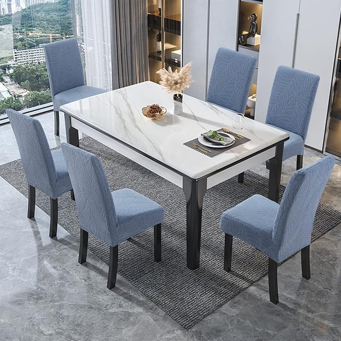Genina Waterproof Chair Covers for Dining Room, Stretch Jacquard Dining Chair Slipcovers Removable Washable Chair Protector for Kitchen, Hotel, Restaurant (Leaves-Light Blue, 6 PCS)