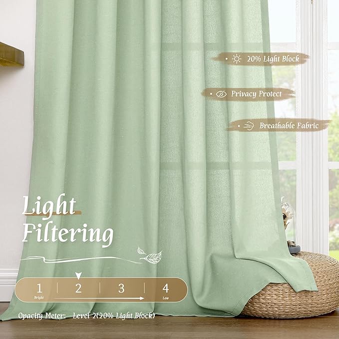 LAMIT Small Window Linen Curtains, 45 Inch Length Light Filtering Faux Linen Textured Neutral Decorative Rod Pocket Drapes for Bedroom, Light Green, 2 Panels Set, 42 X 45 Inch