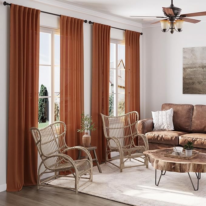 Terracotta Linen Curtains 84 inches Long 2 Panel Set Back Tab Rod Pocket Rustic Farmhouse Boho Curtains for Living Room Semi Sheer Brick Burnt Orange Bohemian Fall Decor for Dining Room Rust