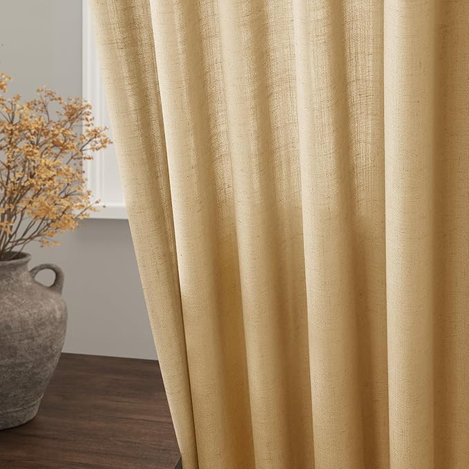 Gold Yellow Linen Curtains for Living Room 63 Inches Long 2 Panel Set Light Filtering Linen Drapes for Kitchen Windows Rod Pocket Back Tab Short See Through Curtain Country Farmhouse Decor 52x63
