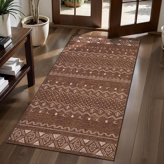 SERISSA 2x4 Rugs for Entryway, Washable Non-Slip Coffee Brown Small Runner Rug, Soft Low-Pile Boho Geometric Indoor Entry Rug Door Mat Indoor Entrance Front Door Carpet for Bathroom Kitchen Bedroom