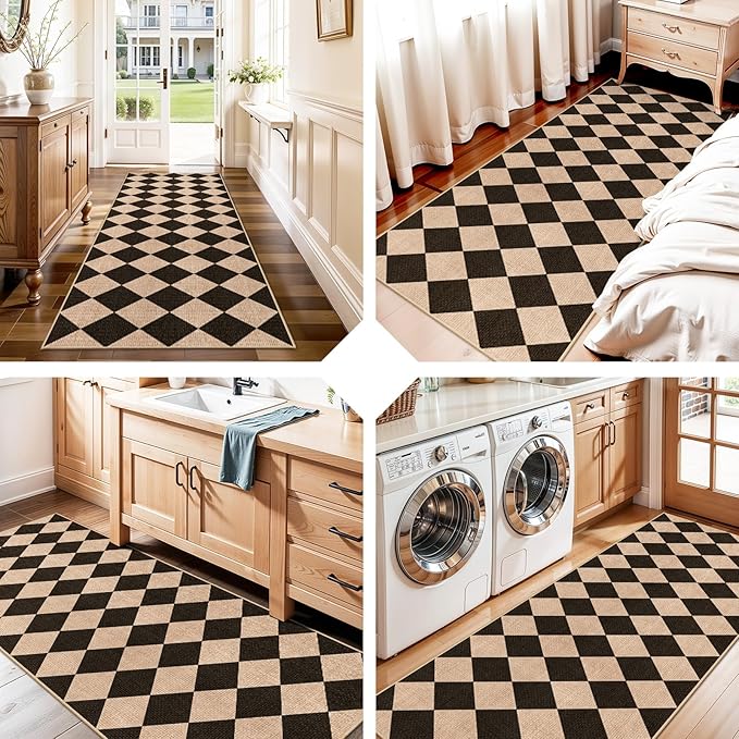 2x6 Jute Woven Runner Rug: Non-Slip Backing Diamond Pattern - Easy Clean Carpet for Hallway Kitchen - Washable Thin Indoor Rugs for High Traffic Areas Farmhouse Home Decor (Black/Brown,2x6)