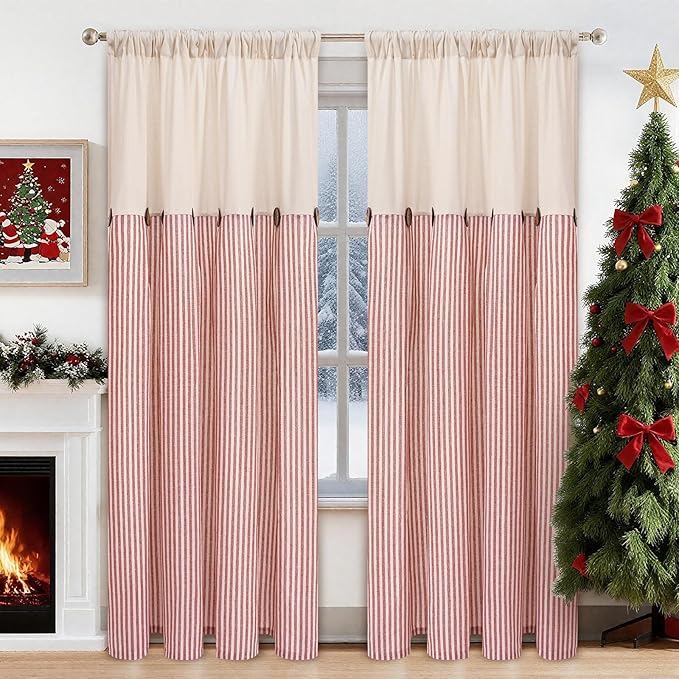 ASPMIZ Cotton Linen Curtains for Living Room, Rod Pocket & Back Tab Boho Curtains for Bedroom, Country Farmhouse Striped Curtain with Rustic Buttons, Home Decor, Orange, 52 x 84 Inch, 2 Panels