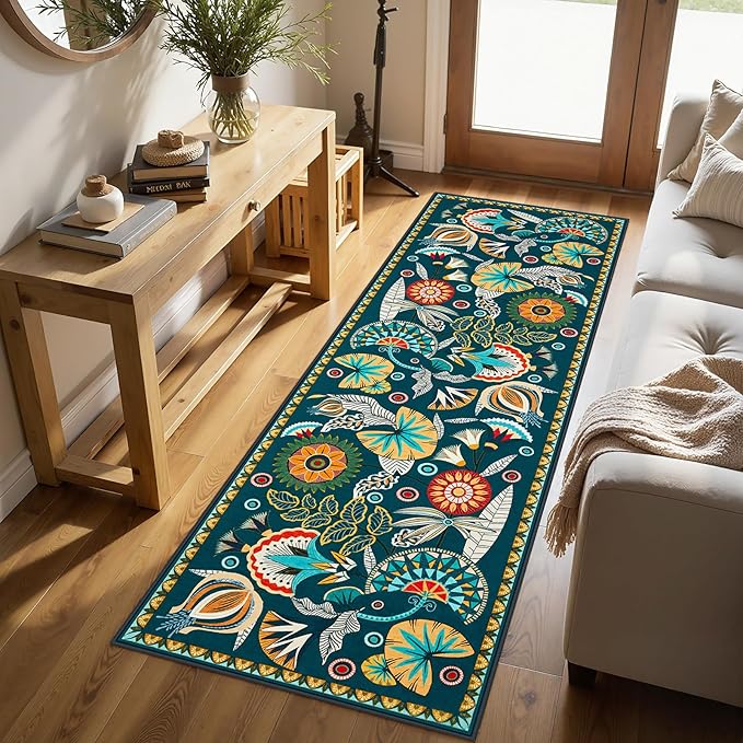 Joydeco Egypt Floral Boho 2x8 Bathroom Hallway Runner Rug Non Slip, Washable Dark Green Kitchen Rug Runner, Vintage Ultra-Thin Long Carpet for Entryway Laundry Bath Room Bed Beside