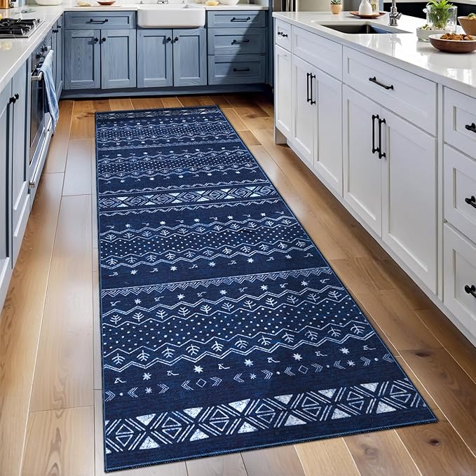SERISSA 2x6 Kitchen Runner Rug, Washable Non-Slip Blue and White Boho Rug, Soft Low-Pile Geometric Indoor Carpet for Hallway Laundry Room Bathroom Bedroom Entryway