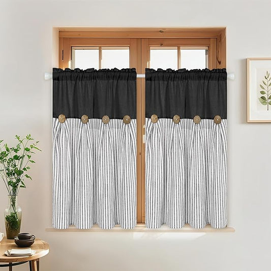 ASPMIZ Cotton Linen Farmhouse Kitchen Curtains, Black with Grey Stripe Tier Curtain 36 Inch Lenth, Boho Rustic Button Short Curtains for Small Window, Half Window Curtain for Kitchen Cafe, 2 Panels