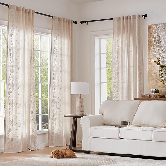 jinchan Winslow Linen Curtains for Bedroom 63 Inches Length Embroidered Bordered Floral Curtains for Living Room Farmhouse Decor Light Filtering Window Treatments Ivory on Beige Drapes 2 Panels