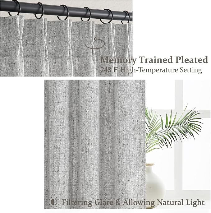 Light Grey Pleated Extra Wide 70 Inch Bedroom Curtains 84 Inches Long 2 Panels Set, Memory Shape Semi Sheer Linen Textured Curtain Light Filtering Privacy Sliding Doors Windows Drapes with Hooks Rings