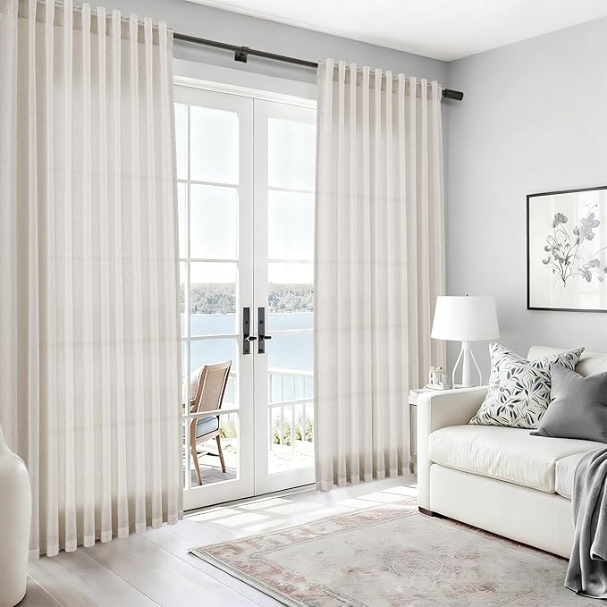 Nanspring Pearl White Linen Curtains 96 Inches Long for Living Room Coastal Decor Luxury Light Filtering Semi Sheer Curtain Back Tab Modern Farmhouse Drapes for Bedroom Office 52x96, 2 Panels