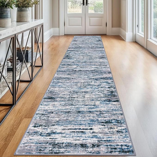 Lansny Modern Abstract Runner Rug 2.6x12, Grey Blue White Washable Long Kitchen Runner Non-Slip Soft Hallway Rug Runner Thin Print Faux Wool Carpet for Entryway Bedroom Laundry Room Indoor Home Decor