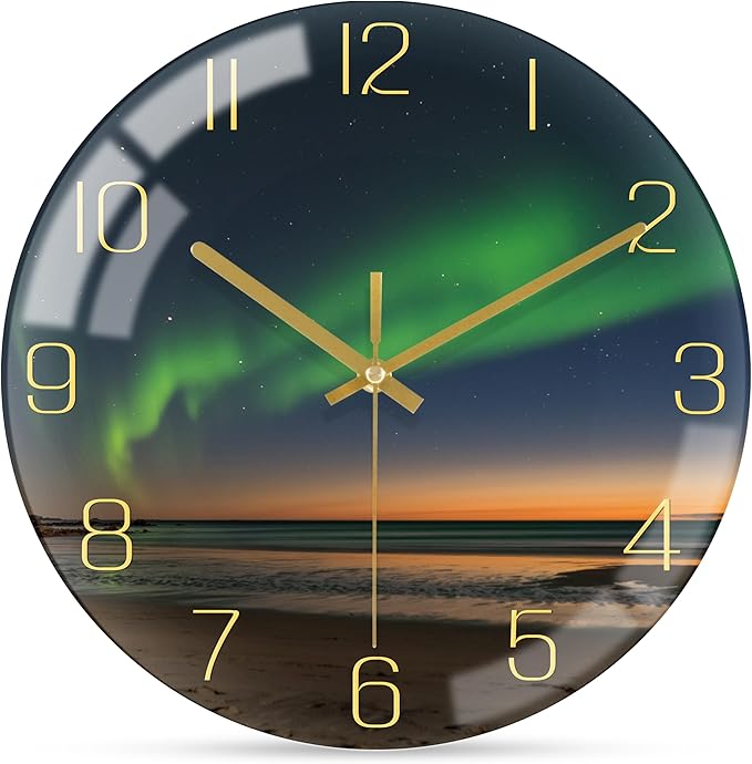 VIKMARI 10 Inch Modern Wall Clock, Aesthetic Black and Gold Decor Accessories, Unusual Silent Non Ticking Aurora Clocks for Living Room/Kitchen/Bedroom/Bathroom/Office (Glass)