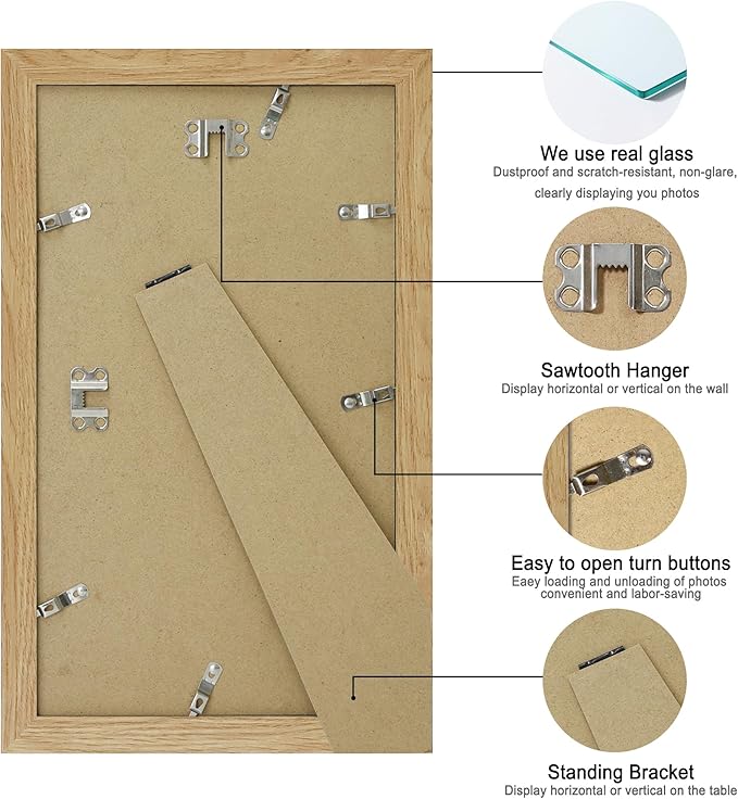 8x14 Picture Frame Set of 2, Natural Oak Wood Frame with Glass Collage Frame, Display Pictures 3-4x6 With Mat or 8 x 14 Without Mat - Horizontal or Vertical Wall Mounting