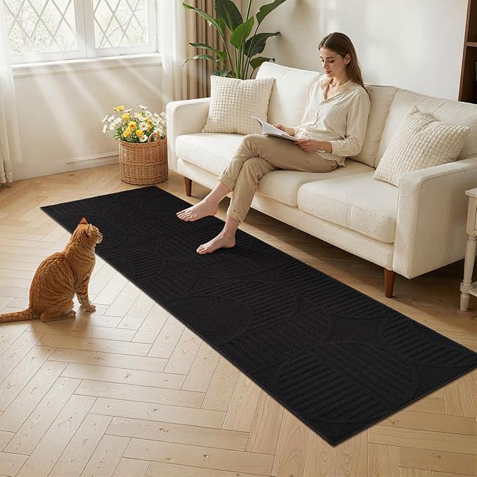 Findosom Washable Runner Rug 2x6, Geometric High-Low Textured Non Slip Hallway Runner Rug with Rubber Backing, Boho Carpet Runner for Kitchen, Bedroom, Laundry, Entryway, Bathroom, Black