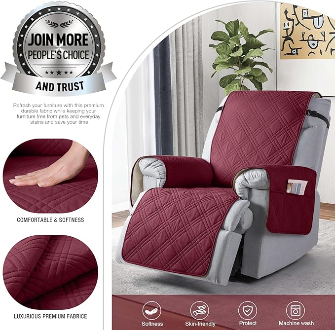 TAOCOCO 100% Waterproof Recliner Chair Covers, Non Slip Recliner Covers for Recliner Chair with Pocket, Washable Reclining Chair Cover Furniture Protector for Kids,Dogs(25'', Wine)