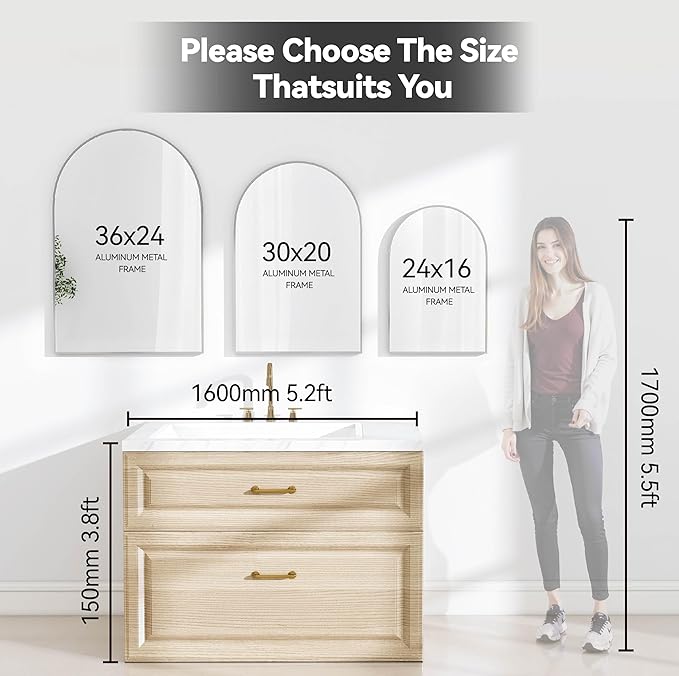 SCWF-GZ 30x20 Arch Mirror Rectangle Wall Mounted Hanging or Against Wall Aluminum Alloy Metal Frame Dressing Make-up Mirrors for Entryway Bedroom Bathroom Living Room 30 20 inch Silver