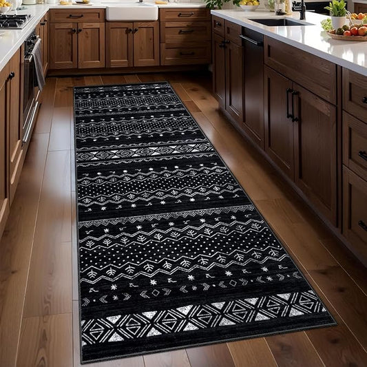 SERISSA 2x6 Kitchen Runner Rug, Washable Non-Slip Black and White Boho Rug, Soft Low-Pile Geometric Indoor Carpet for Hallway Laundry Room Bathroom Bedroom Entryway