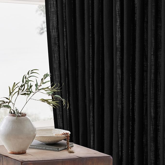 TWODRAPES Black Pinch Pleated Linen Cafe Curtains 45 Inch Length 2 Panels for Dining Room Kitchen Bedroom Semi Sheer Pleat Drapes with Hooks Rings Light Filtering Short Window Curtain Cabinet 40x45