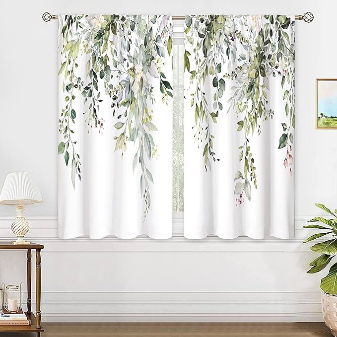 Sage Green Eucalyptus Leaves Window Curtains Flower Watercolor Floral Botanical Plant Wildflower Farmhouse Curtain Drapes Herb Curtains for Bedroom Living Room Treatment 2 Panels 42Wx63H Inch