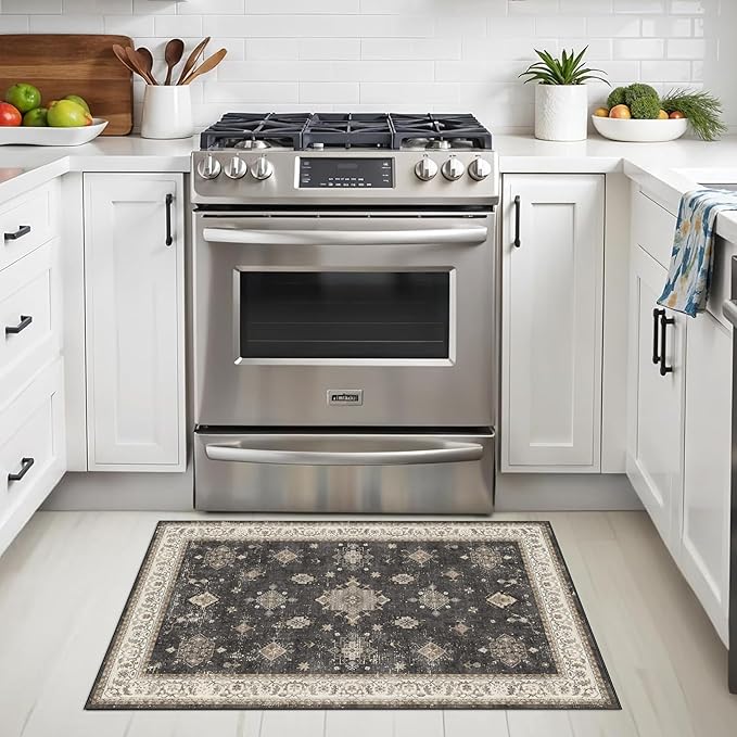 2x3 Washable Non-Slip Area Rug - Soft Low Pile Throw Rug for Kitchen Entryway Bedroom - Vintage Floral Distressed Indoor Door Mat with Rubber Backing (Charcoal Grey)