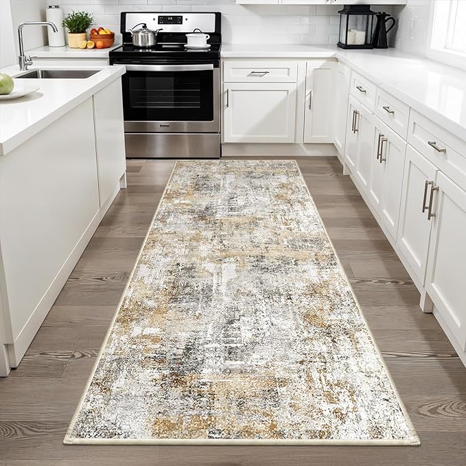 3x6 Washable Non-Slip Kitchen Runner Rug – Modern Abstract Wide Floor Carpet Runner with Rubber Backing for Entryway, Hallway, Bathroom, Living Room, Low Pile Thin (Gold Grey)