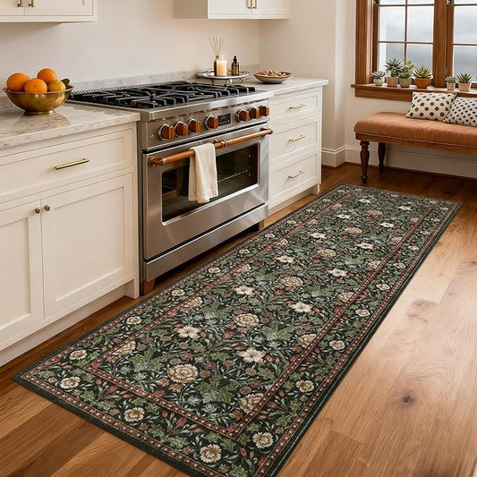 GarveeHome Washable Runner Rug 2x6, Non Slip Floral Kitchen Runner for Hallway Entryway Forest Green Laundry Bathroom Mat Farmhouse Thin Stain Resistant Carpet for Bedroom Beside Rug