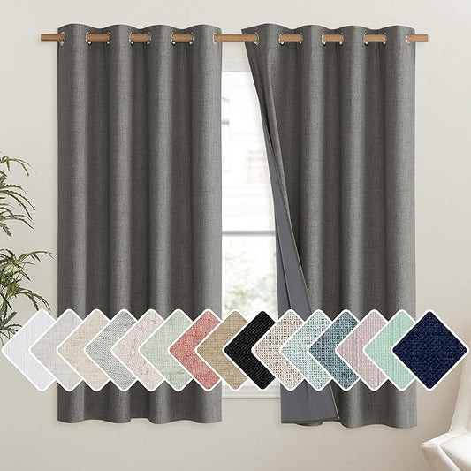 NICETOWN Grizzle Gray Vintage Linen 100% Blackout Curtains for Living Room, Thermal Insulated Curtains 48" Long, Noise Reducing Window Treatment Drapes for Hall Room, 52" Wide Per Panel, Set of 2