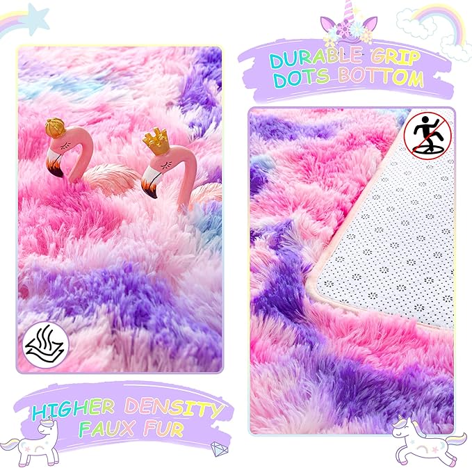 Noahas 4x6 Fluffy Kids Rugs for Room,Soft Hot Pink and Purple Tie-Dyed Rainbow Rug for Girls Bedroom,Soft Colorful Playroom Shag Nursery Carpets Room Decor