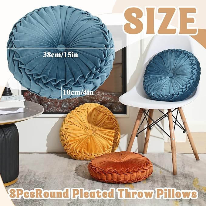 Drydiet 3 Pcs Round Throw Velvet Pillows Decorative Pleated Throw Pillows 15'' Diameter Accent Pumpkin Boho Chair Cushion for Couch Sofa Home Decoration (Yellow,Brunt Orange,Blue)
