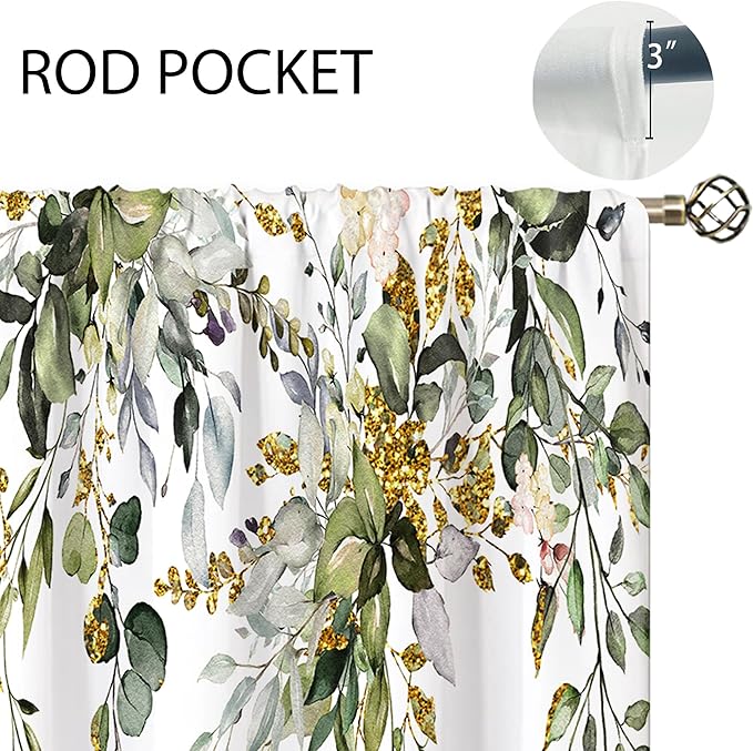 Green Gold Eucalyptus Botanical Leaves Floral Small Kitchen Curtains Flower Window Treatment Wildflower Plant Cafe Short Window Curtains for Bathroom Room Tier Treatment Drapes 26x36 inch