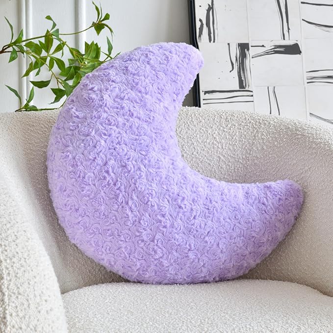 Moon Pillow, Decorative Throw Pillow with Soft Faux Fur for Couch Bed Sofa, Cute Half Moon Pillows with Room Decor for Bedroom Living Room (19 Inches, Lavender)
