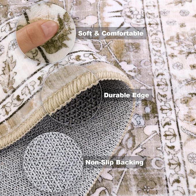 LOKHOM Washable Area Rug, 2x3 Non-Slip Hallway Rug Vintage Soft Small Kitchen Area Carpet, Boho Floral Faux Wool Door Mat Indoor Entrance Accent Throw Rugs for Bedroom Kitchen Laundry(Beige Brown)