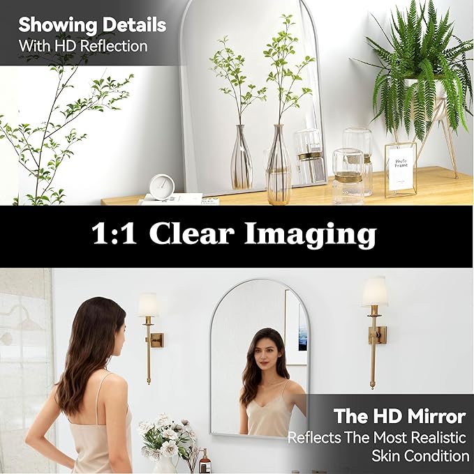 SCWF-GZ 30x20 Arch Mirror Rectangle Wall Mounted Hanging or Against Wall Aluminum Alloy Metal Frame Dressing Make-up Mirrors for Entryway Bedroom Bathroom Living Room 30 20 inch Silver